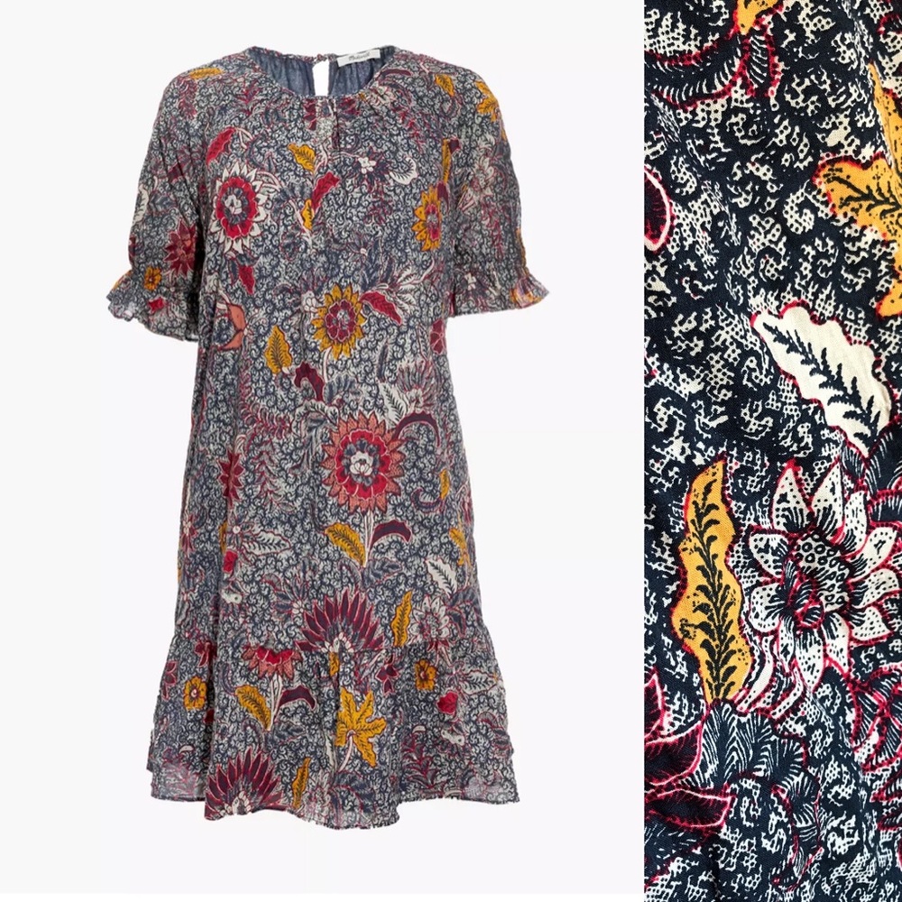 Madewell Ruffle Sleeve Popover Mini Dress in Bali Blooms Cotton Batik S EUC